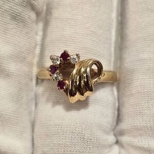 Vintage Heart Shaped Faux Ruby & White Crystals Gold Plated Ring Size 8